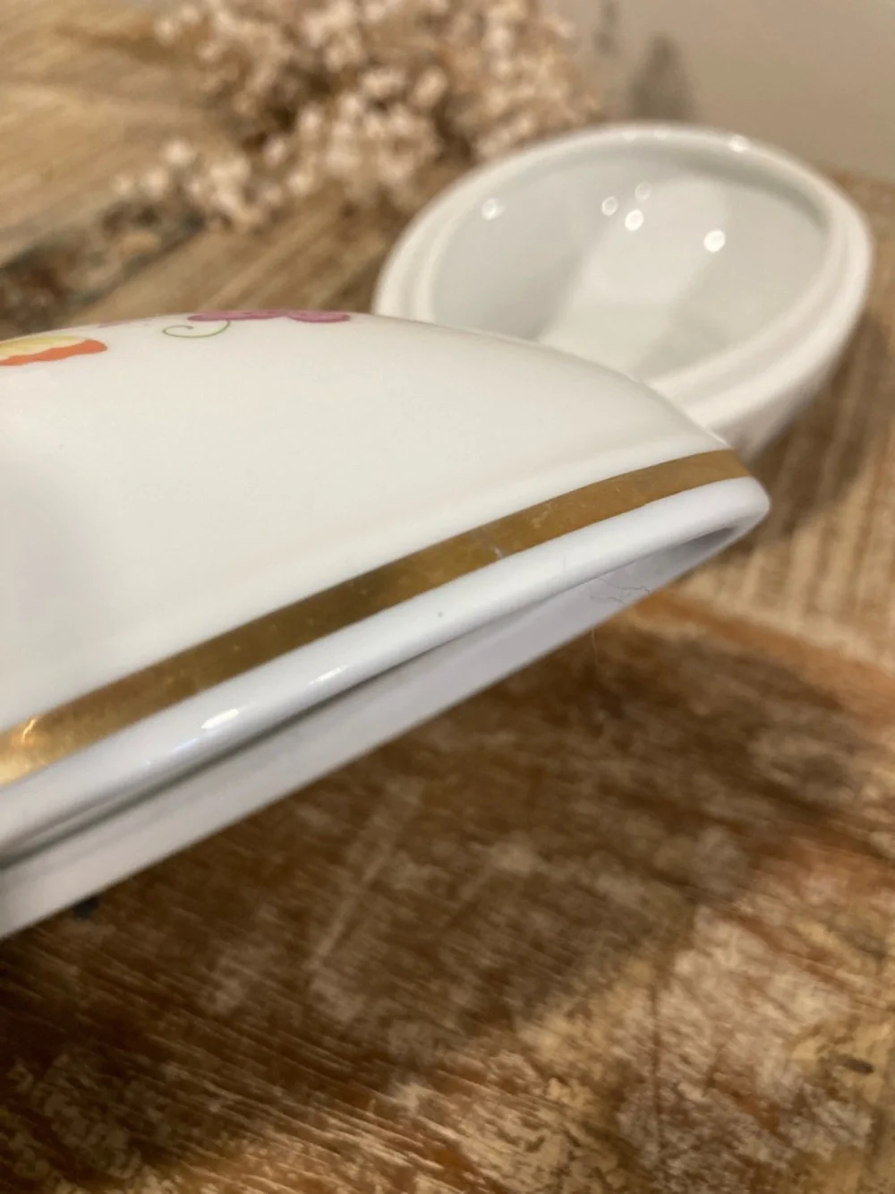 1970s Avon Butterfly Floral Porcelain Egg Shaped Trinket Box with 22K Gold Trim